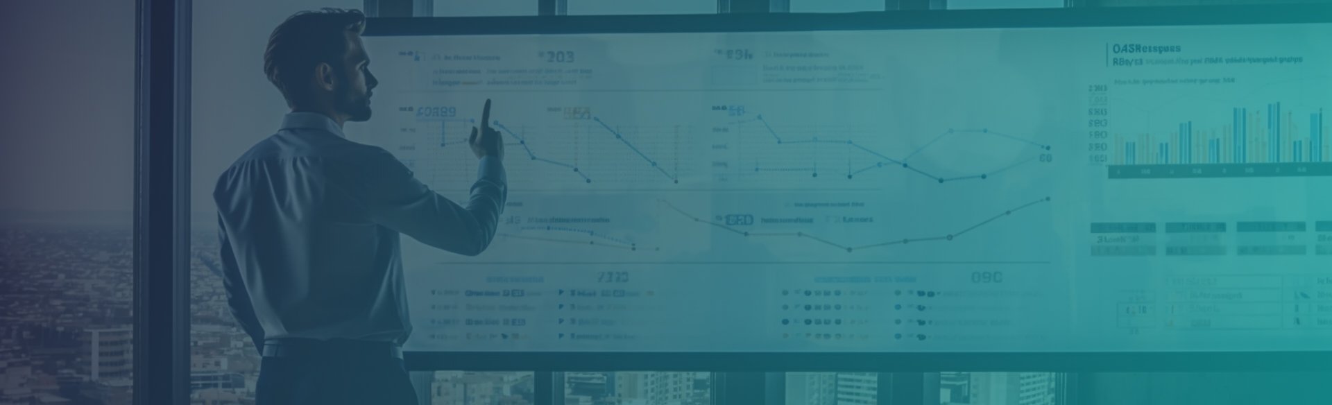 Geschäftsmann, der data auf einem großen digitalen Bildschirm analysiert