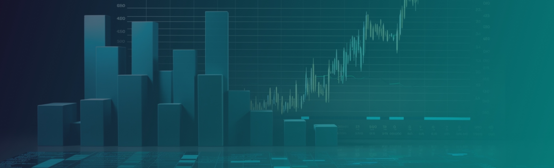 Finanzanalyse mit einem 3D-Balken- und Liniendiagramm auf dunklem Hintergrund